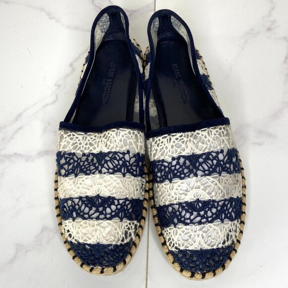 Louis Vuitton Blue & White Striped Crochet Lace Flat SEA BREEZE Espadrilles 36.5 - Picture 3 of 12